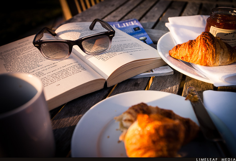 reading and croissant for breakfast