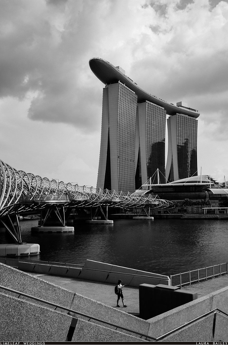 The Marina Bay Sands (MBS) Hotel in front of the double helix bridge in Singapore