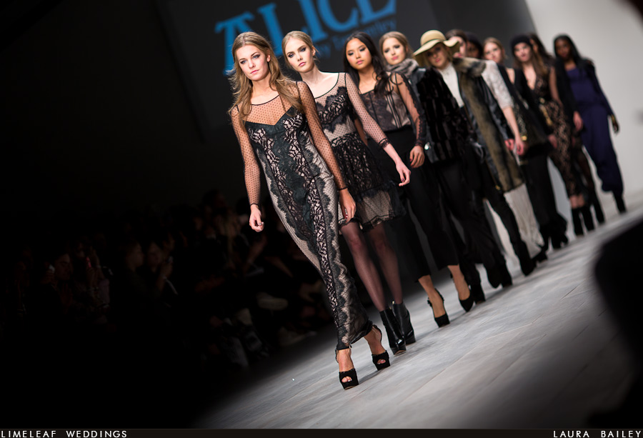 Models head down the runway at the end of Alice Temperleys collection at London Fashion Week 2012