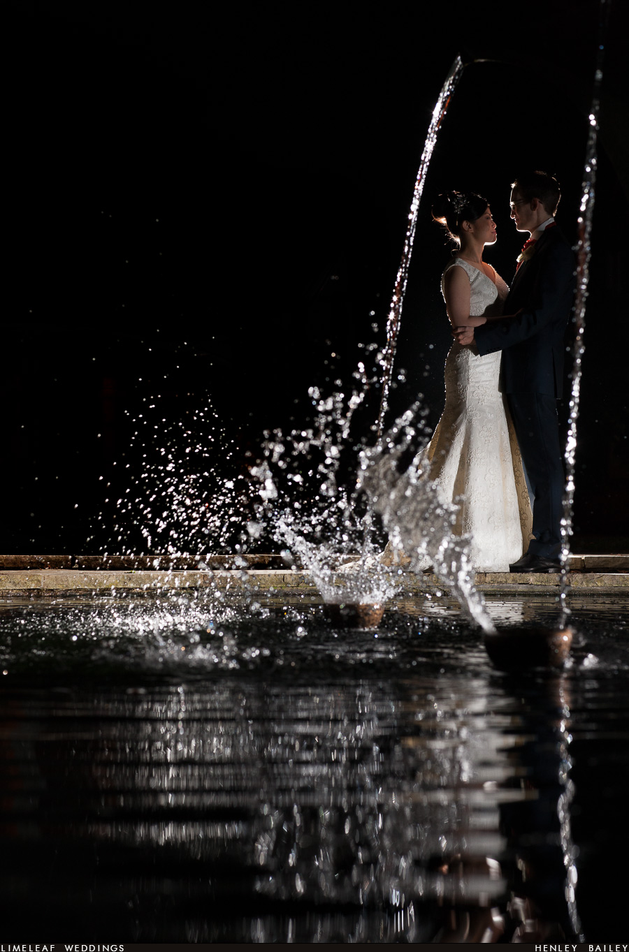 Belvedere Holland park wedding photography of bride and groom through fountain